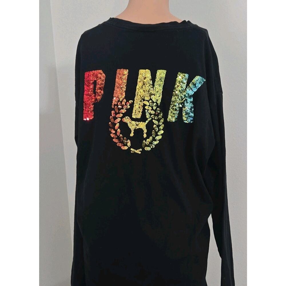 Victoria's Secret PINK Black Cotton Sequin Logo Pocket Long Sleeve T-Shirt L